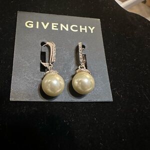 Givenchy Silver Faux Pearl Drop Earrings Leverback Closure